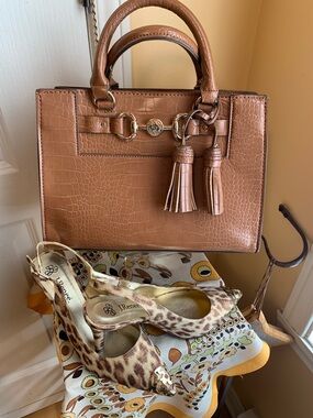 Anne Klein Tan Croc-Embossed Satchel with Tassel Accents